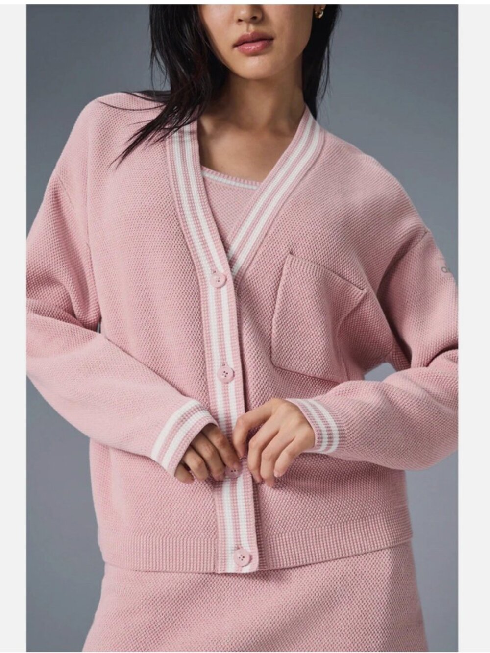 Alo Yoga Tennis Club Sweater Knit Cardigan Ballet Pink/White